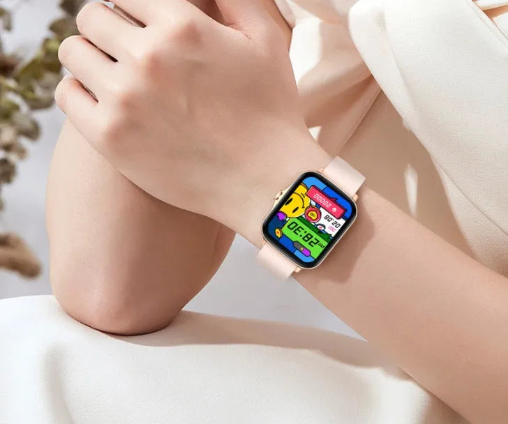 Black smart watch with 1.7-inch colour touch screen and adjustable strap on a wrist.
