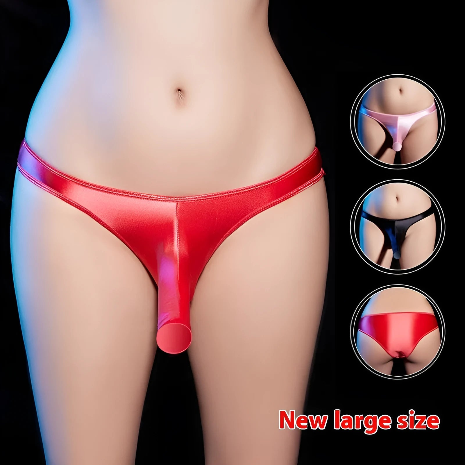 Men's low-waisted shiny nylon T-back underwear shown in black, dark gray, pink, red, and white colours.