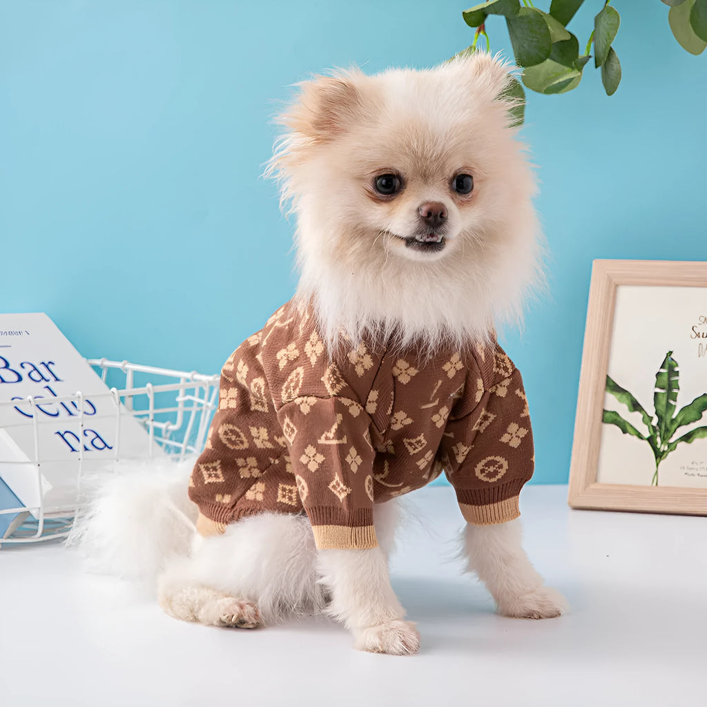 A thick wool dog sweater for autumn and winter wear, shown in a monochrome colour.