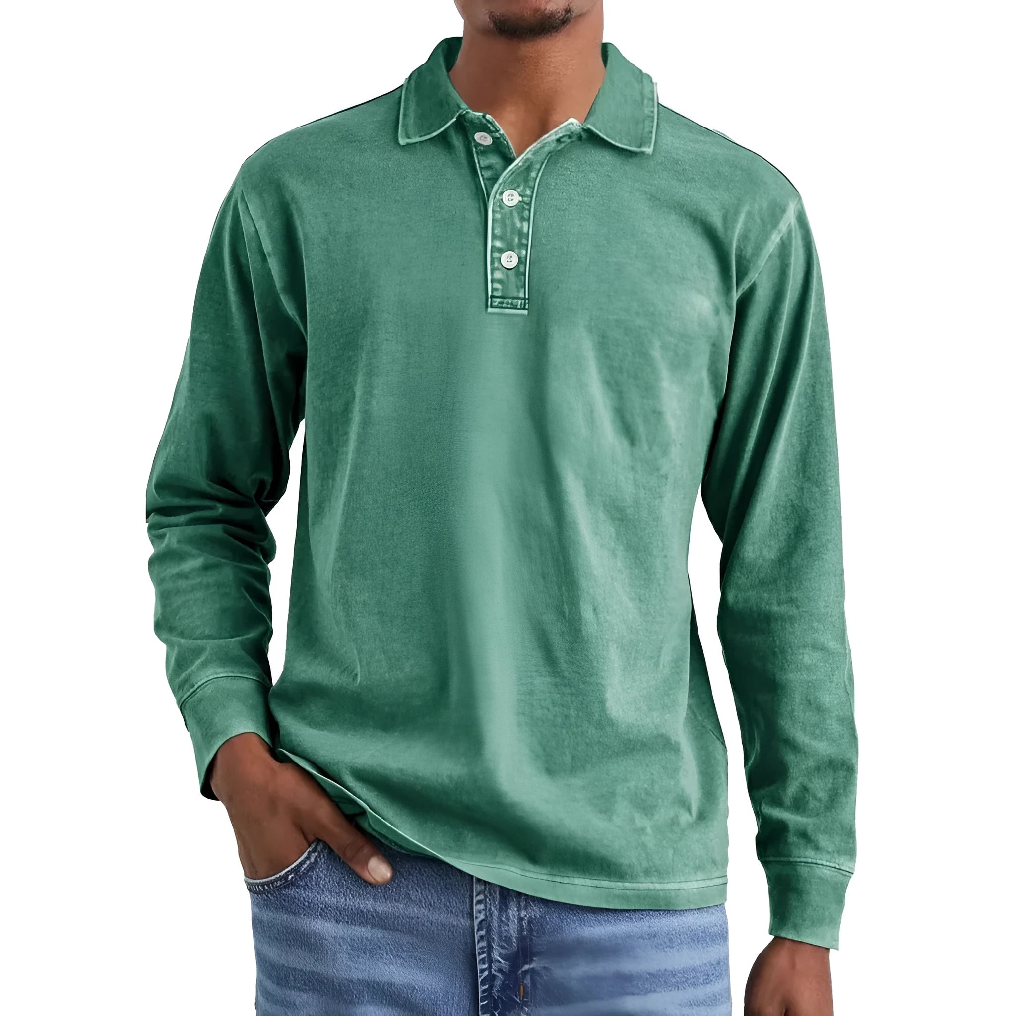 Man wearing a retro washed army green long sleeve polo shirt with a distressed lapel.