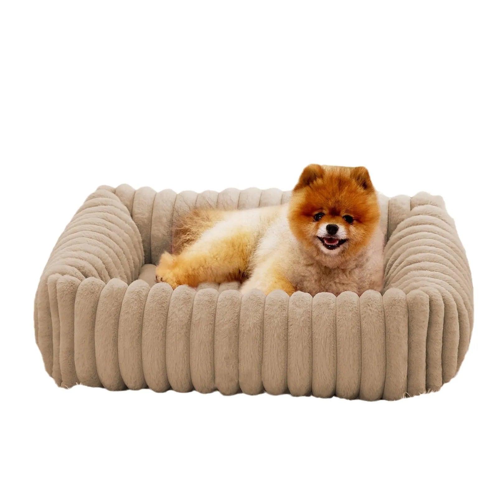 Soft faux fur pet bed for dogs and cats with removable cover in beige colour