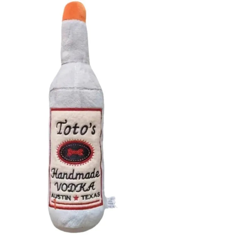 Brown plush wine bottle-shaped dog chew toy with squeaker for aggressive chewers