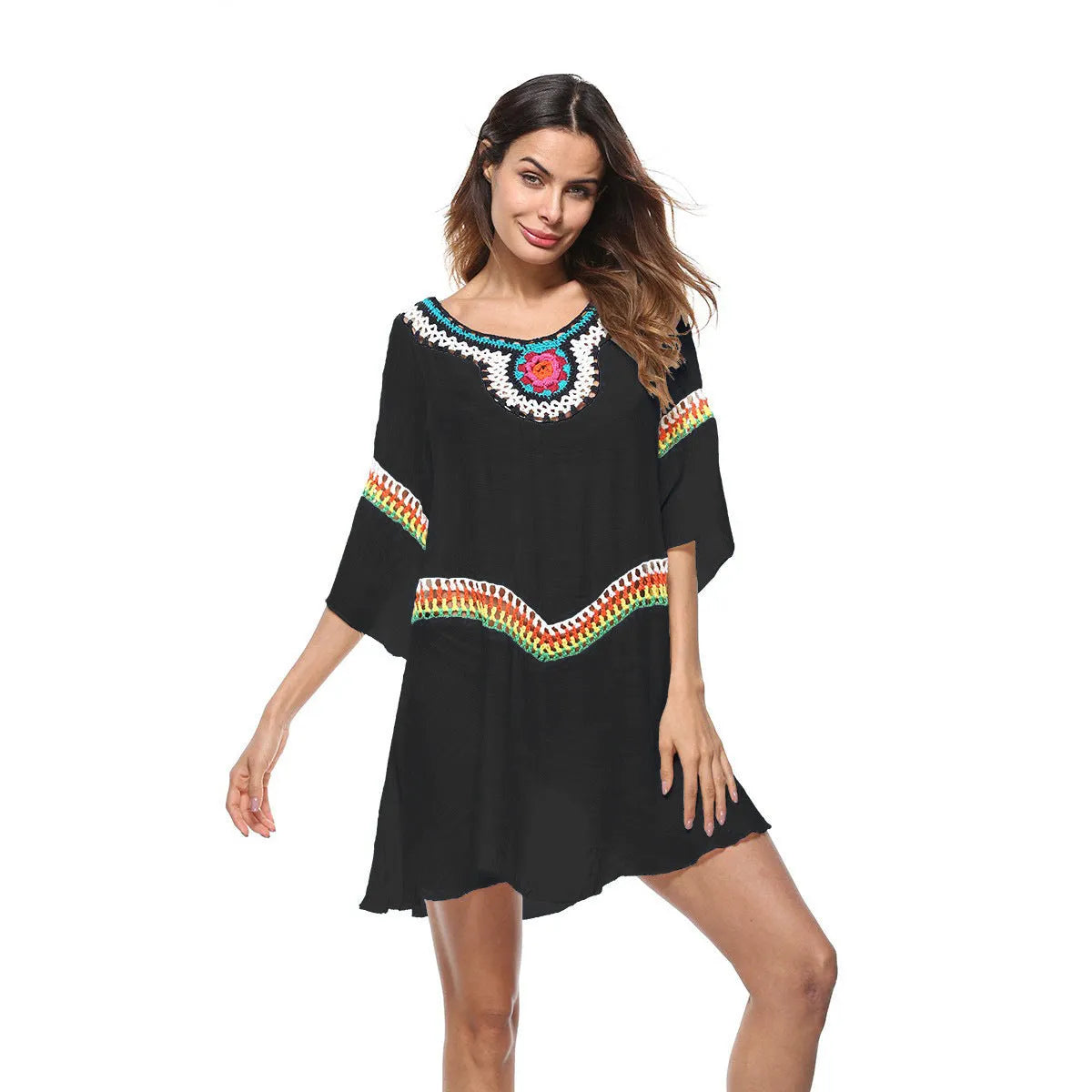 Ethnic style crochet sun protection dress for women in apricot colour, suitable as a beach cover-up.