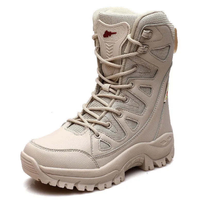 Cowhide hi-top hiking shoes for men in black, brown, or beige with platform sneaker design