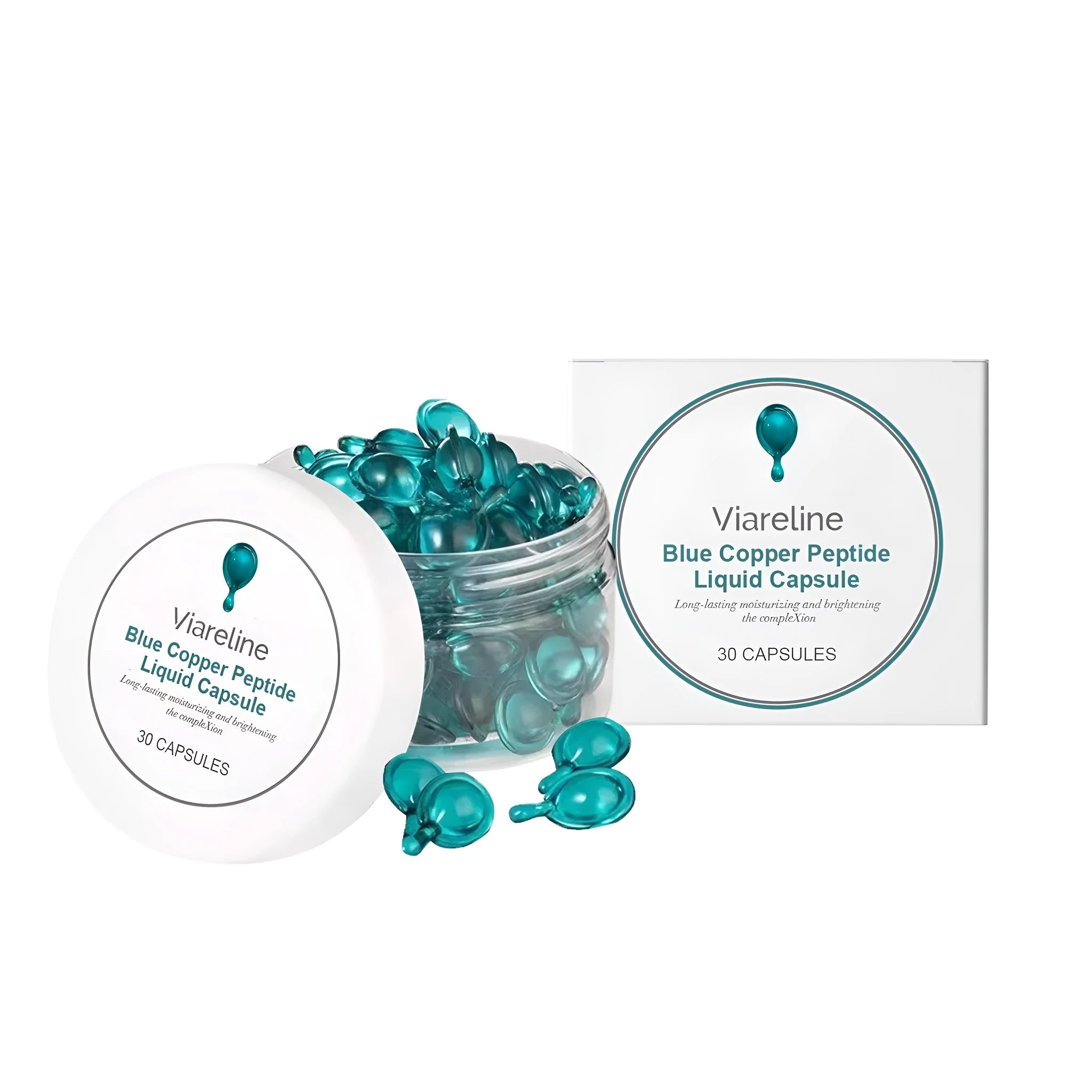 Box of 30 blue single-use capsules containing copper peptide liquid serum.