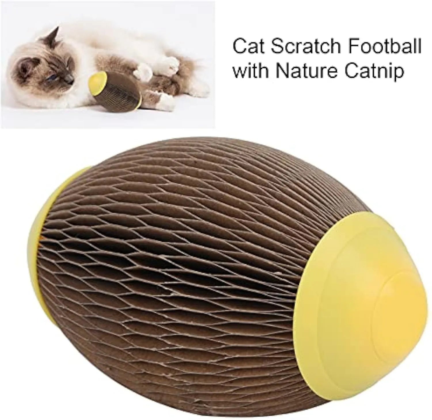 Elliptical corrugated paper catnip ball toy for scratching and play.