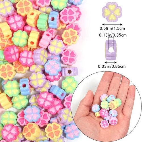 15mm frosted acrylic four-leaf clover love beads in mixed colours including pink, blue, and green