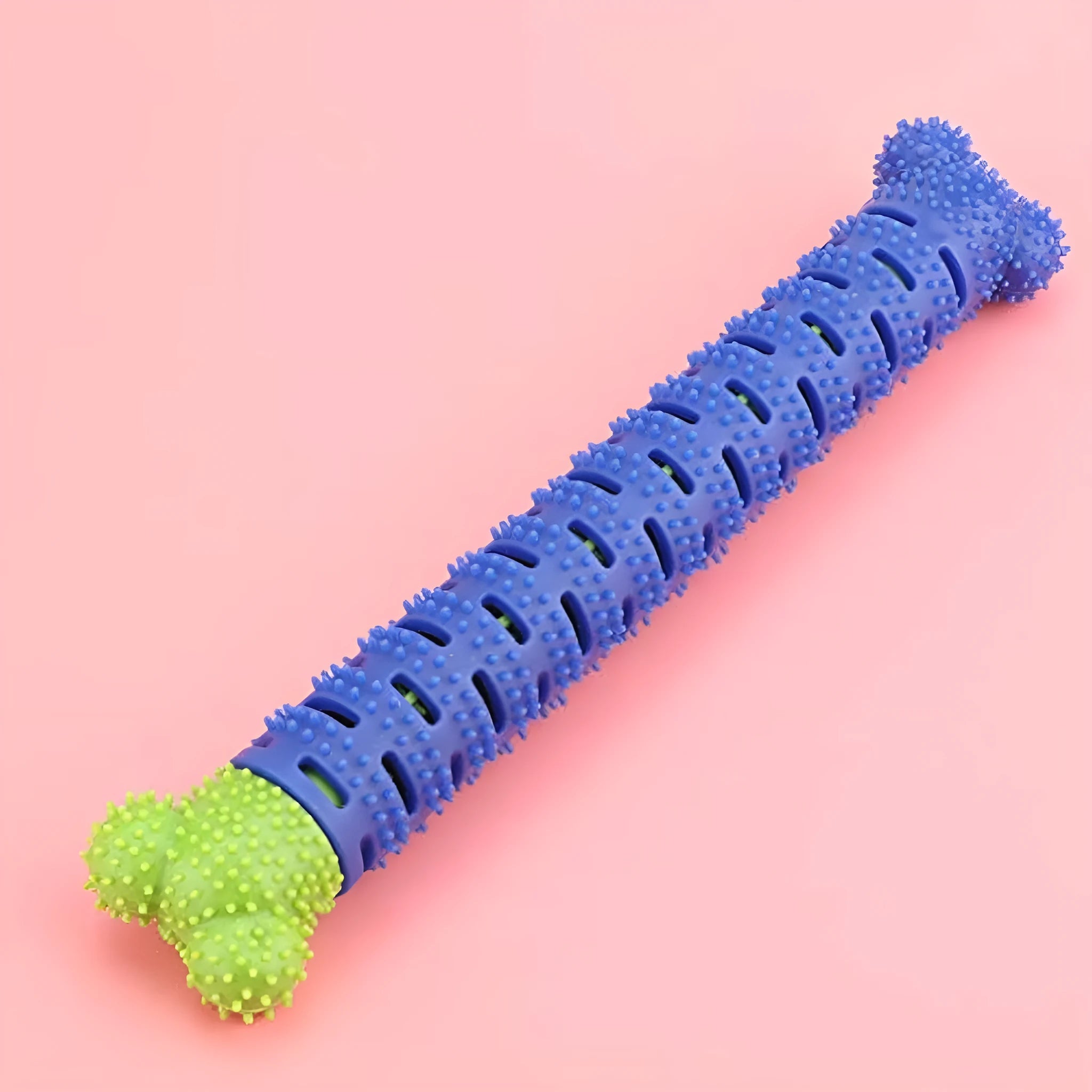 A blue-green silicone dog dental chewing stick with a textured brush head and nodules, showing its 25cm length.