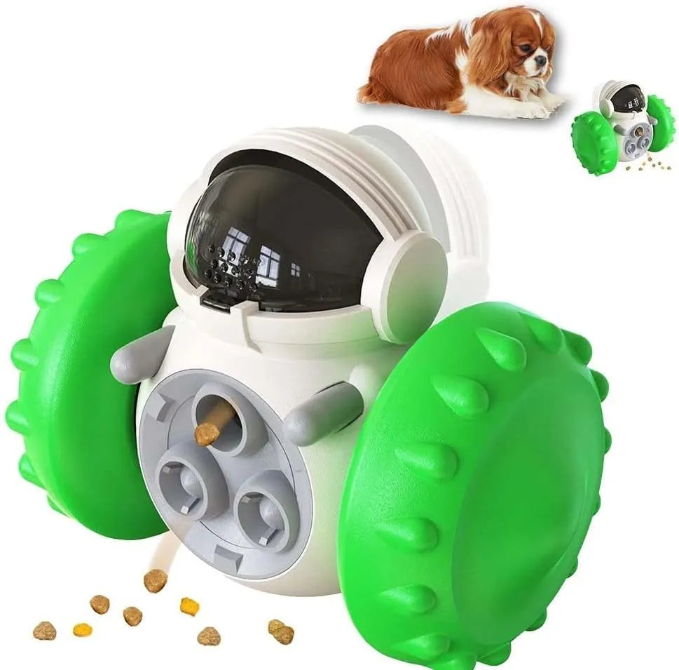 Self-balancing dog treat dispenser toy for small pets in robot design with roller system