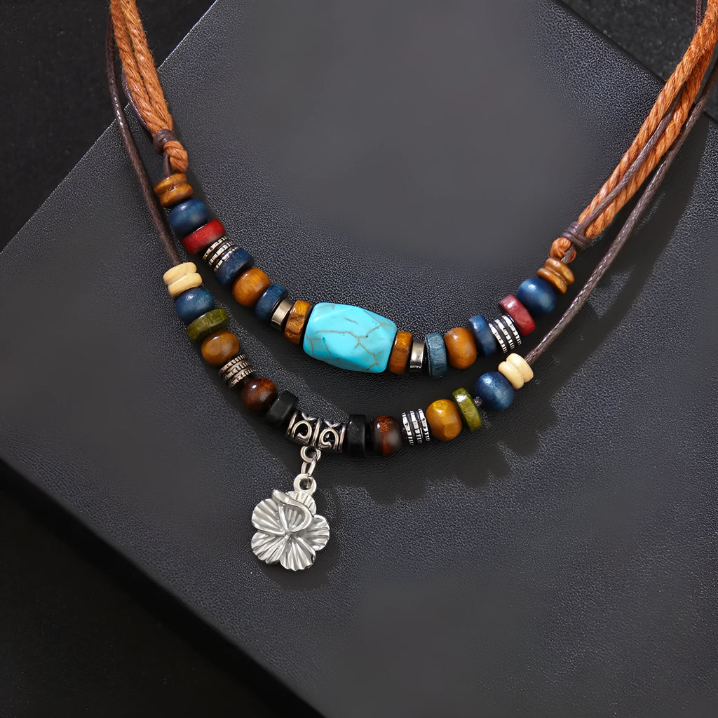 Men's wooden bead necklace with turquoise wax rope and alloy geometric flower pendant in retro design