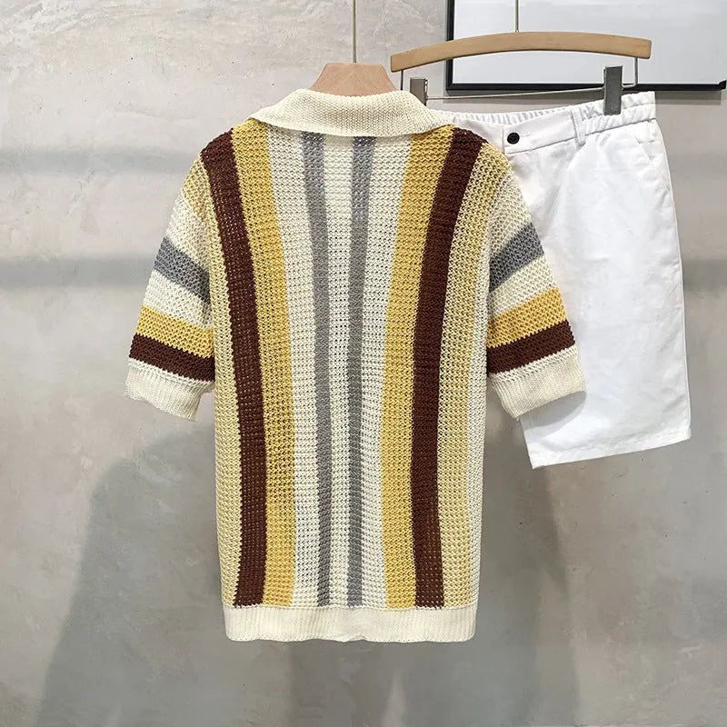 Man wearing a loose blue dopamine stripe casual short sleeve pullover shirt