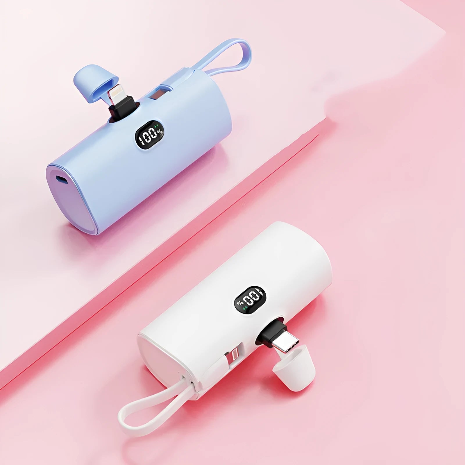 Compact digital display wireless power bank with flip-out plug in five colour options.