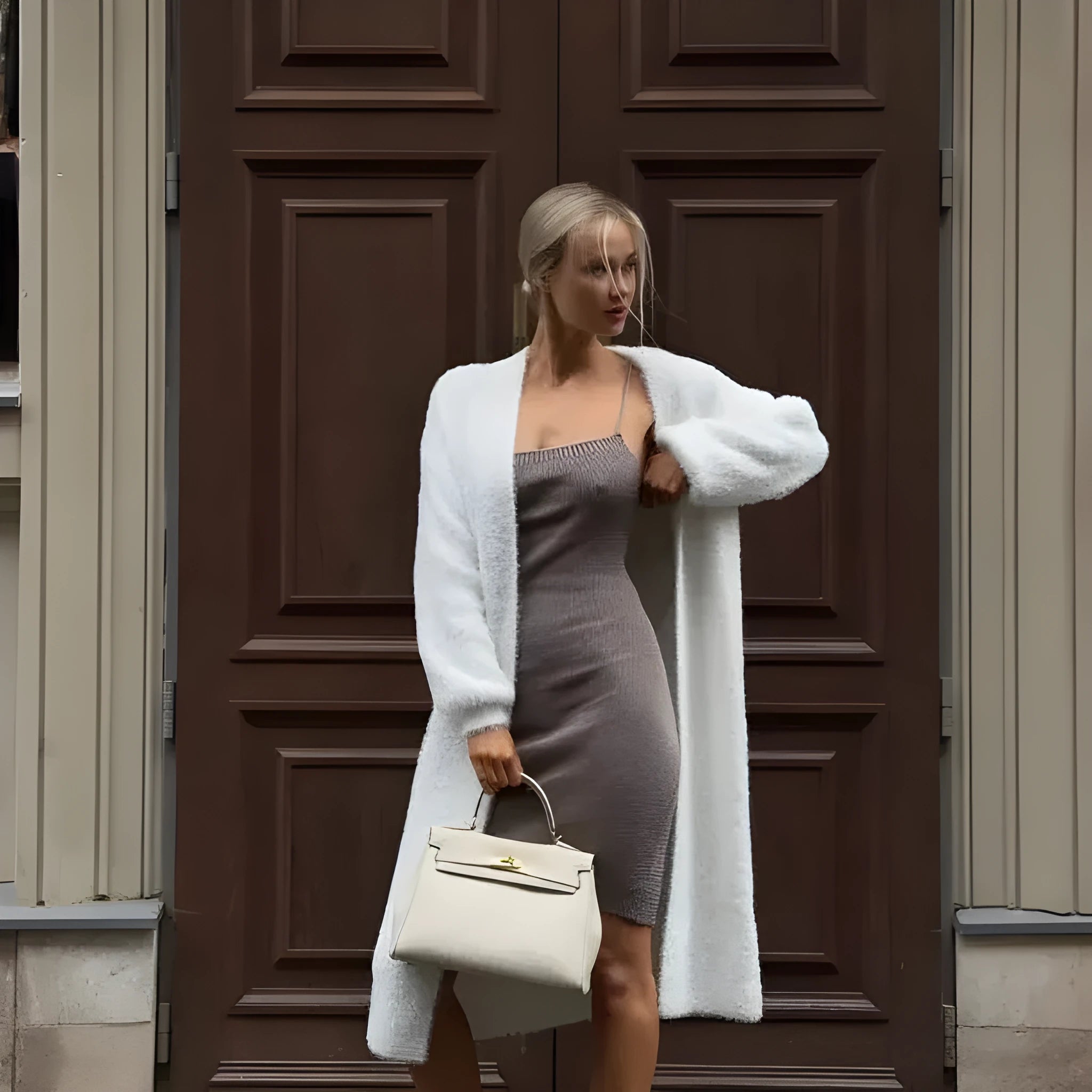 White knitted cardigan jacket for women with long sleeves and a loose fit.