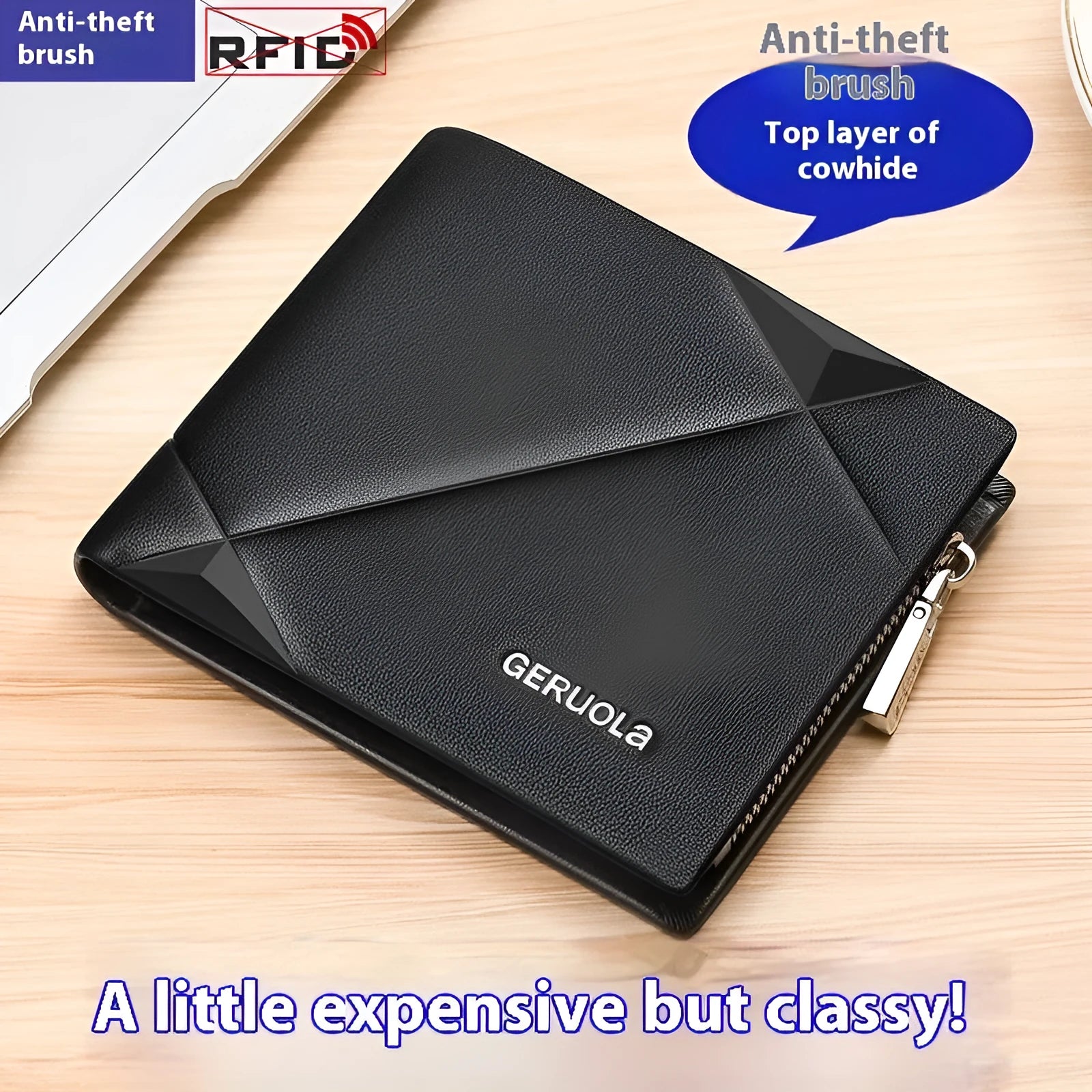 Men's brown leather wallet with zip closure showing rhombus texture pattern