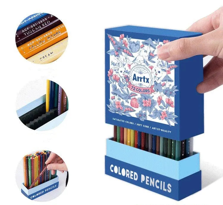 Boxed set of 72 soft core coloured pencils for drawing and art exams, showing array of colours.
