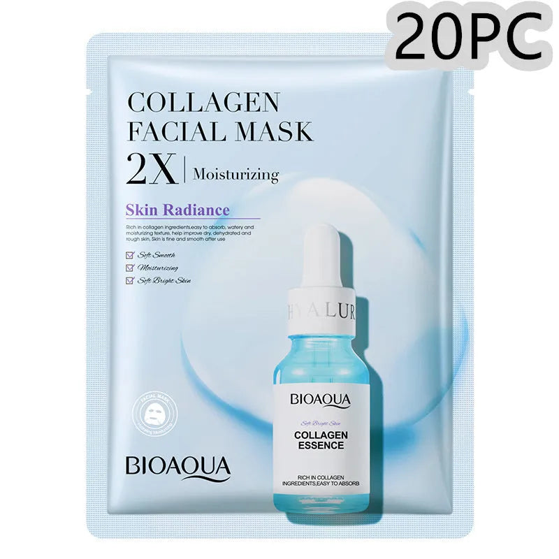 Collagen face sheet mask with 30g gel formula showing hyaluronic acid and Centella Asiatica variants