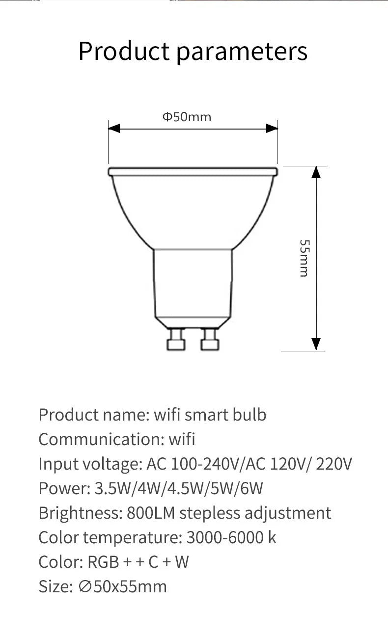 GU10 smart WiFi spotlight bulb with RGBCCT colours and adjustable temperature control