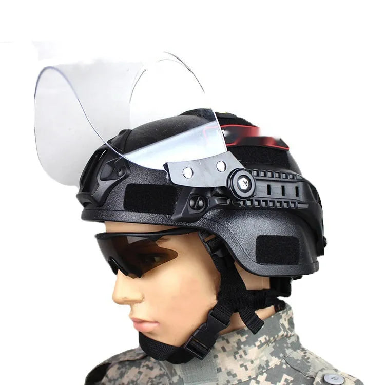 Transparent polycarbonate anti-riot tactical helmet with attached face mask in Army Green colour