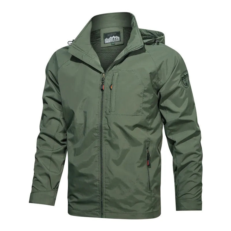 Men's casual windproof thin mountaineering jacket in solid colour with visible stitched patch pocket