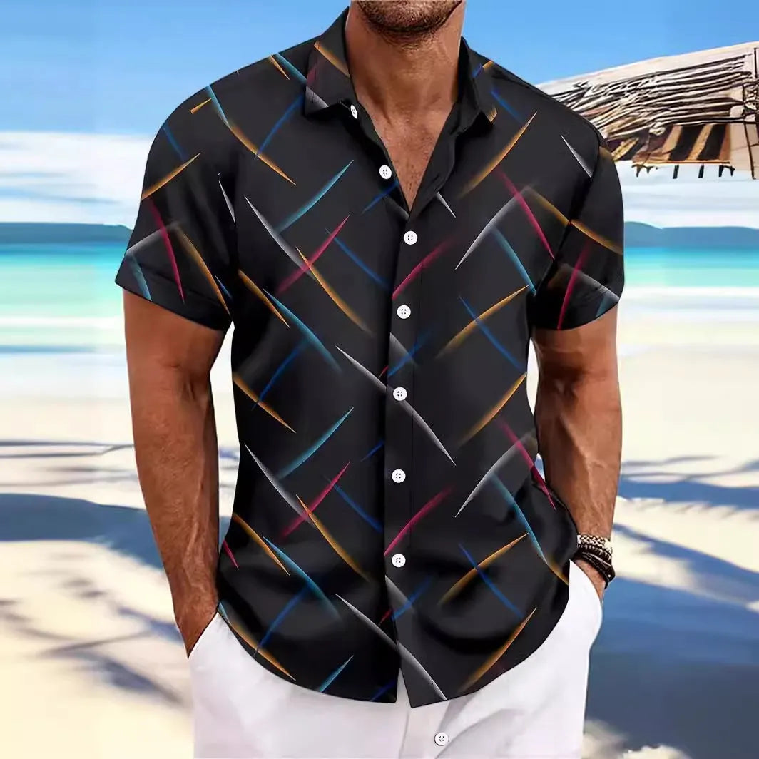Men's casual beach button shirt with striped feather pattern, short sleeves, and loose fit in peacock blue colour