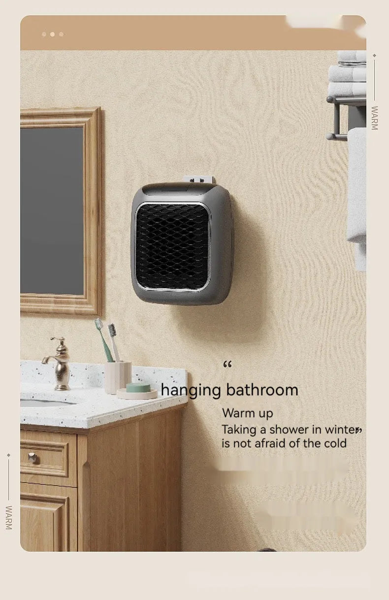 Mini wall-mounted PTC fan heater 800W in grey with digital temperature control and three fan speeds