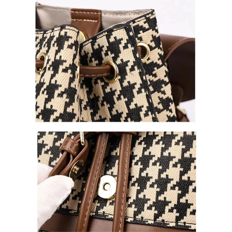 Houndstooth women's medium backpack Ostrich with Khaki contrast colour PU cover opening with car stitching