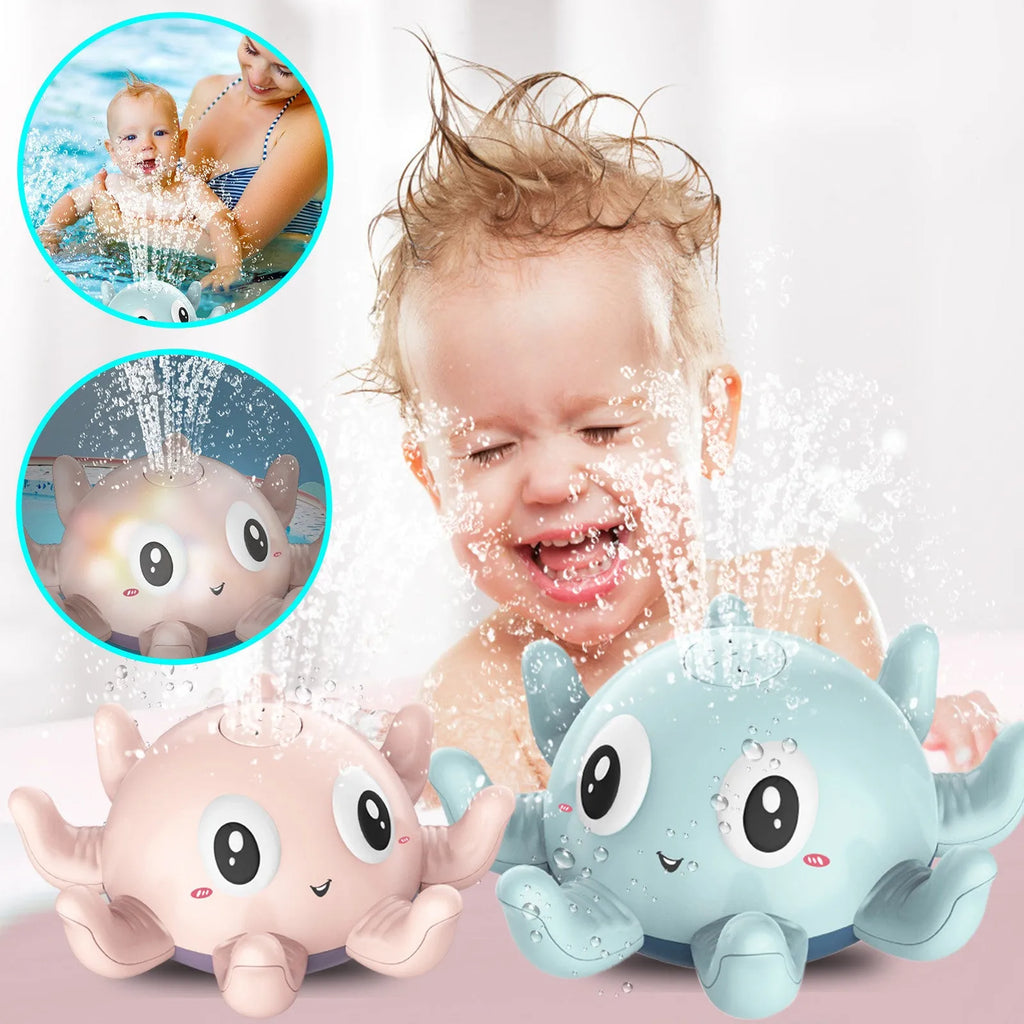 Blue octopus automatic water spray bath toy with flashing lights for children's bathtub play