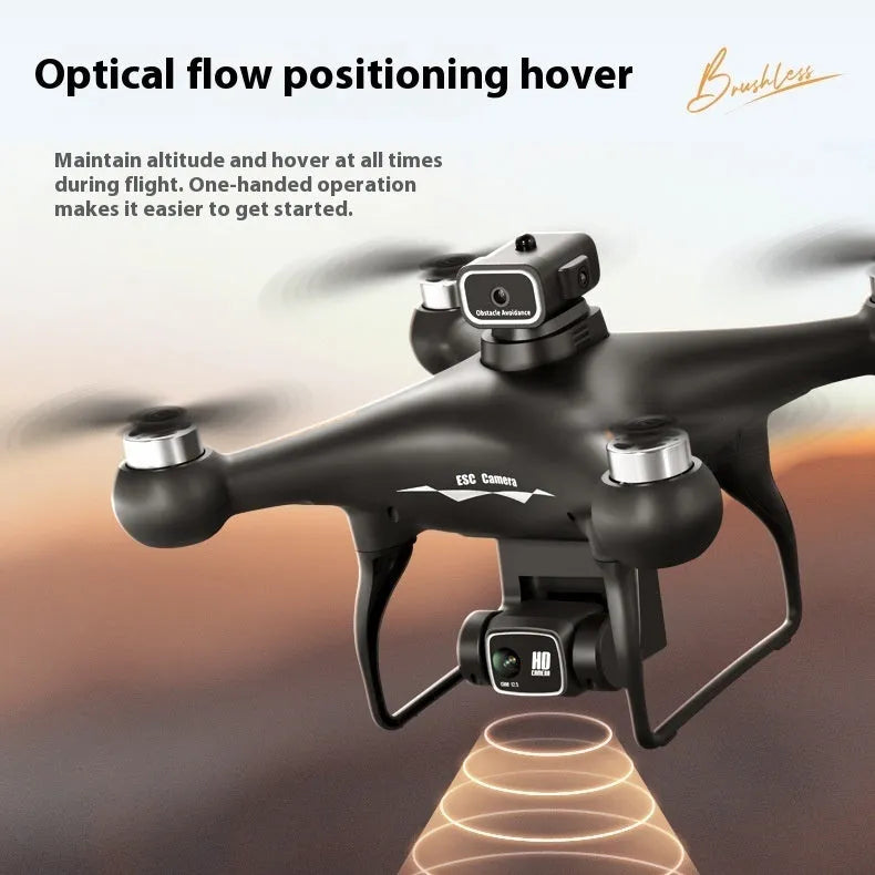 Black HD plastic brushless UAV drone with four propellers and a front-mounted camera, shown with remote transmitter.