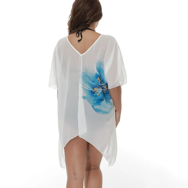 White plus size loose beach cover-up blouse for swimming sun protection