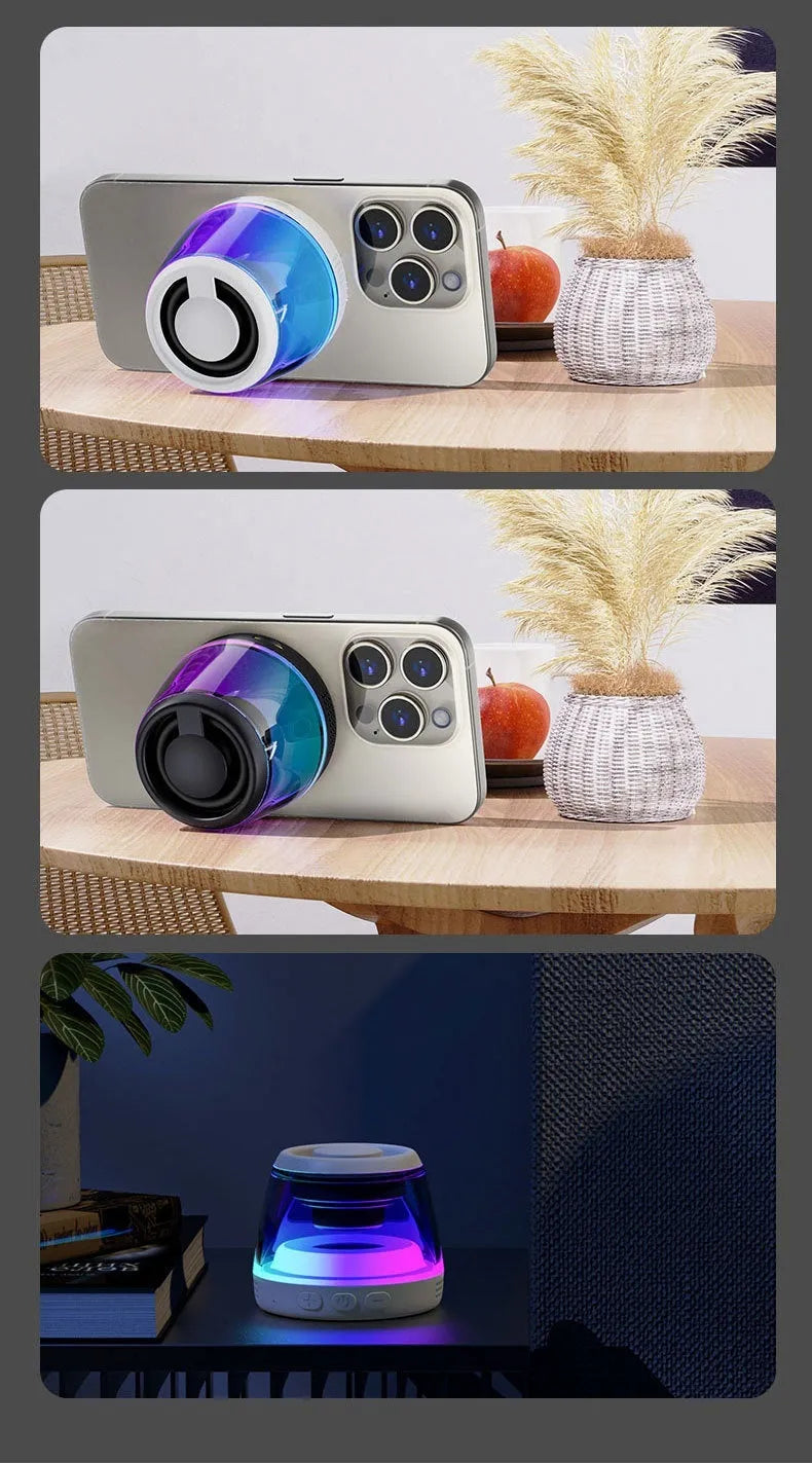 White or black mini Bluetooth speaker with magnetic back, ambient light, and card slot.