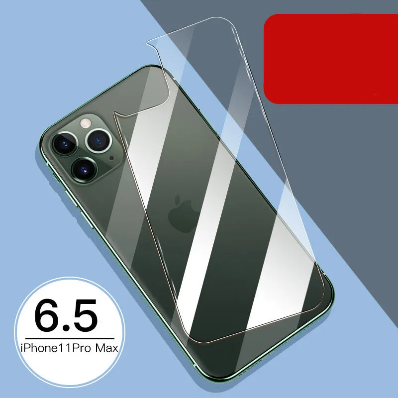 iPhone 11 Pro Max tempered glass screen protector with rear film and front film options.