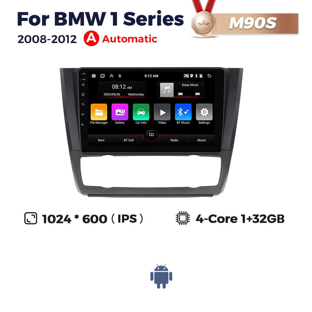 Android 9-inch navigation screen for BMW E87 vehicles with touchscreen display and multiple hardware configuration options