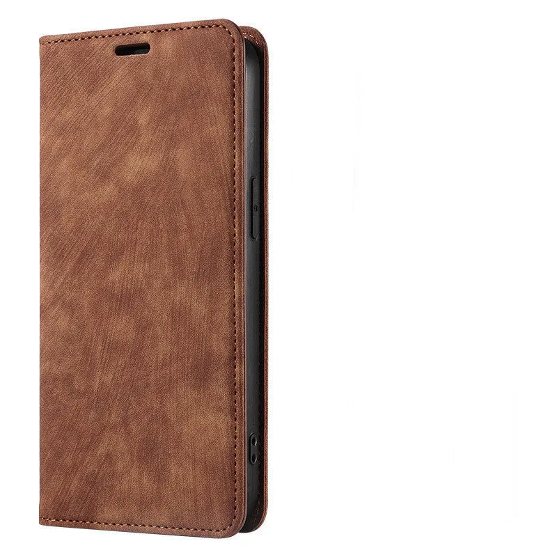 Magnetic flip leather phone case for iPhone shown closed and open, revealing card slot and screen.