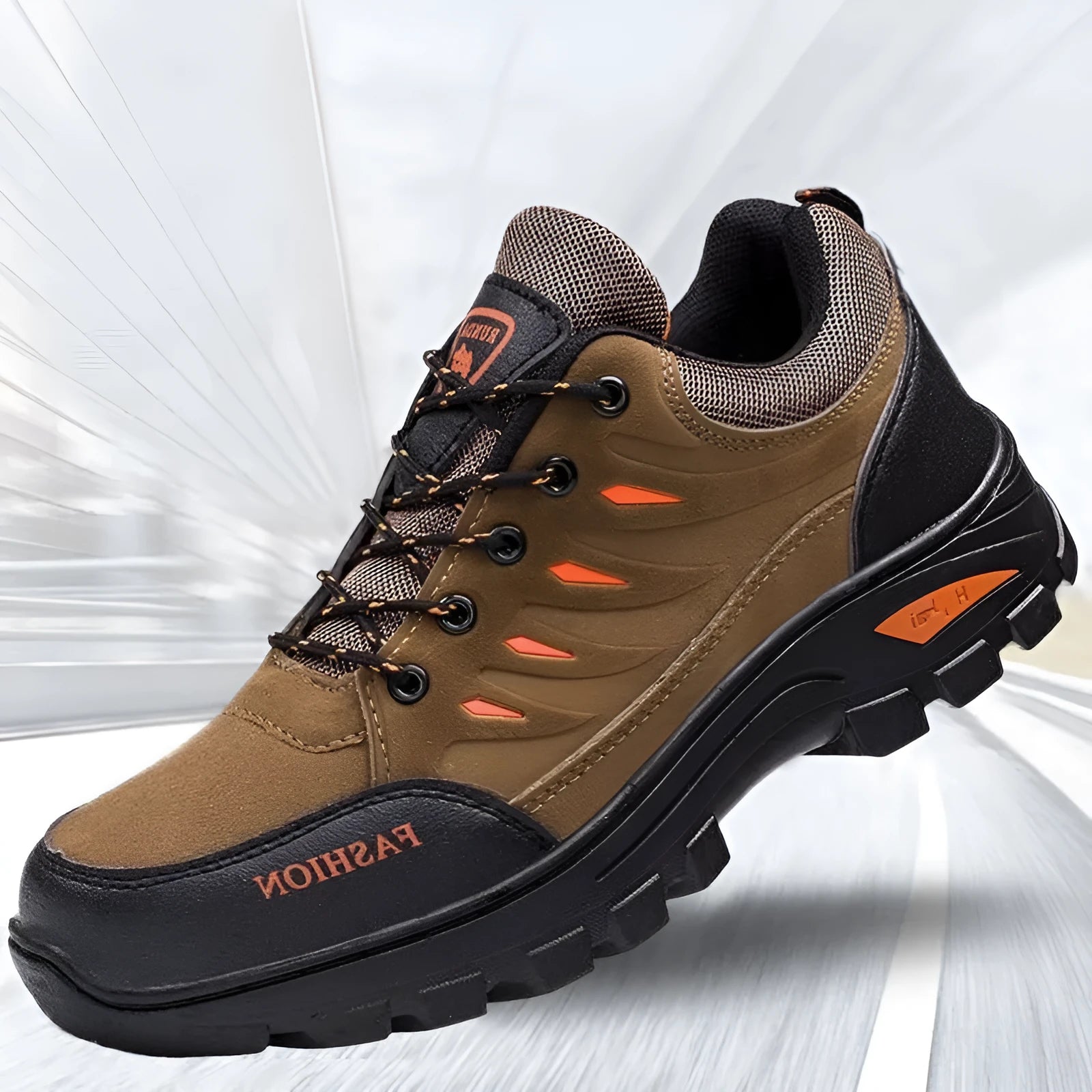 Men's brown suede hiking shoes with rubber soles and lace-up fastening