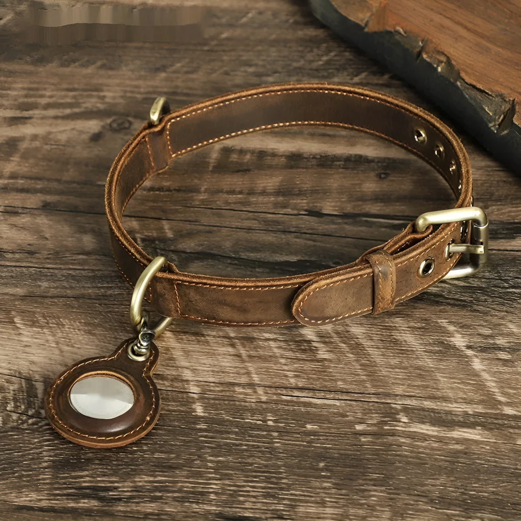 Brown handmade leather dog collar with halter positioning and retro styling