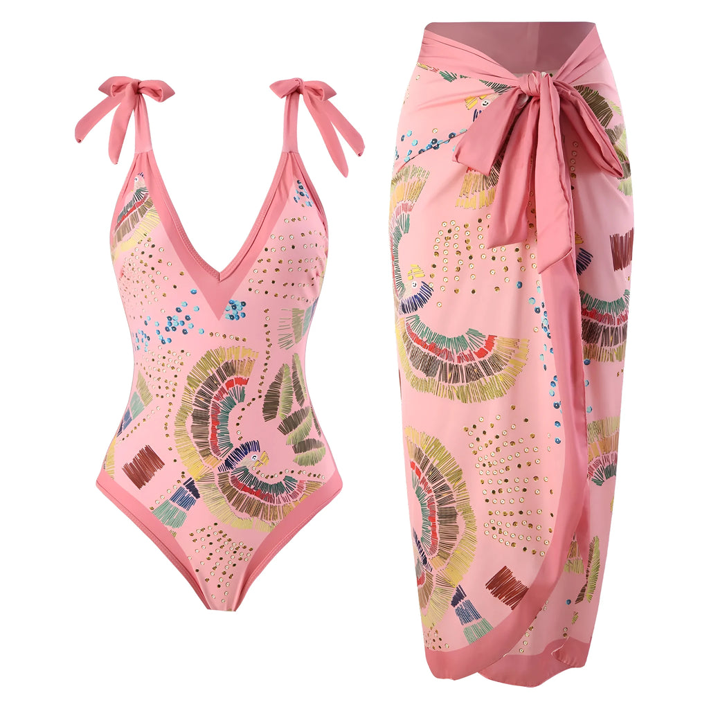 Blue French retro one-piece swimsuit with gauze skirt on a beach setting