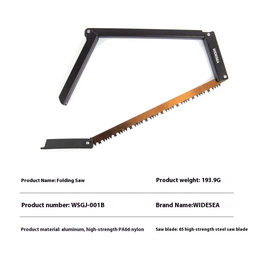 Black outdoor foldable saw with a PA66 nylon handle shown in both open and closed positions.