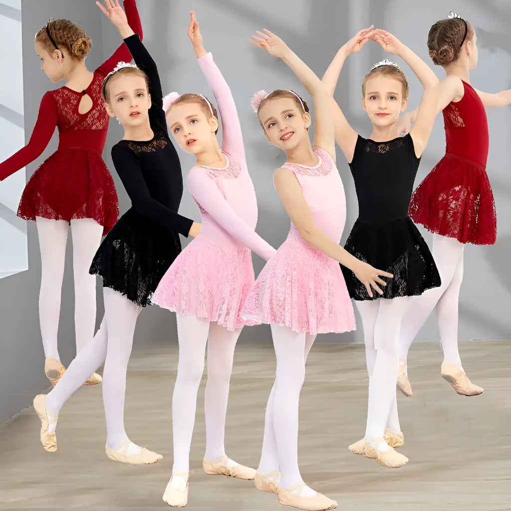 Girls short-sleeve ballet practice dress in Lycra cotton with lace trim available in black pink wine red