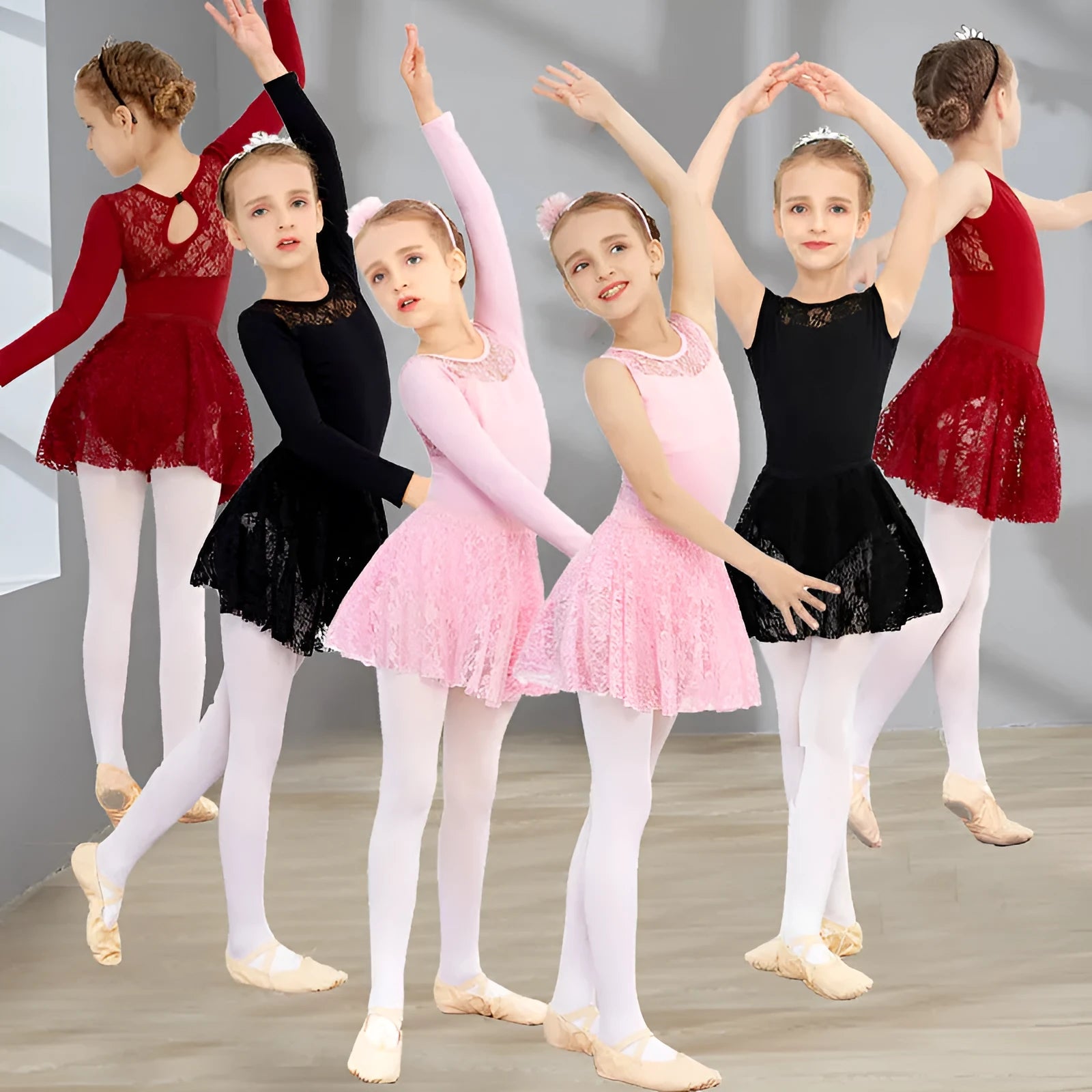Girls short-sleeve ballet practice dress in Lycra cotton with lace trim available in black pink wine red
