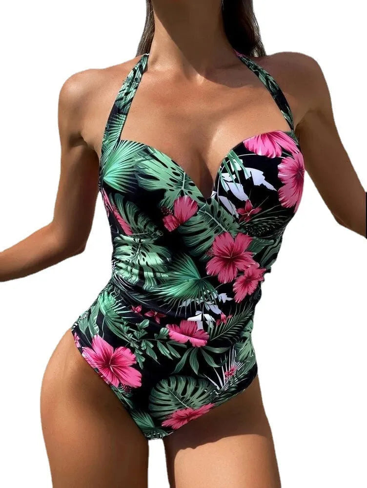 Women's printed halter neck one-piece swimsuit with backless conservative design