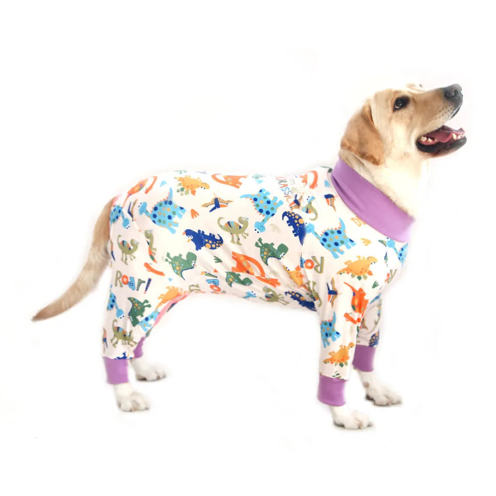 Cotton four-legged dog jumpsuit with colourful print pattern on small dog