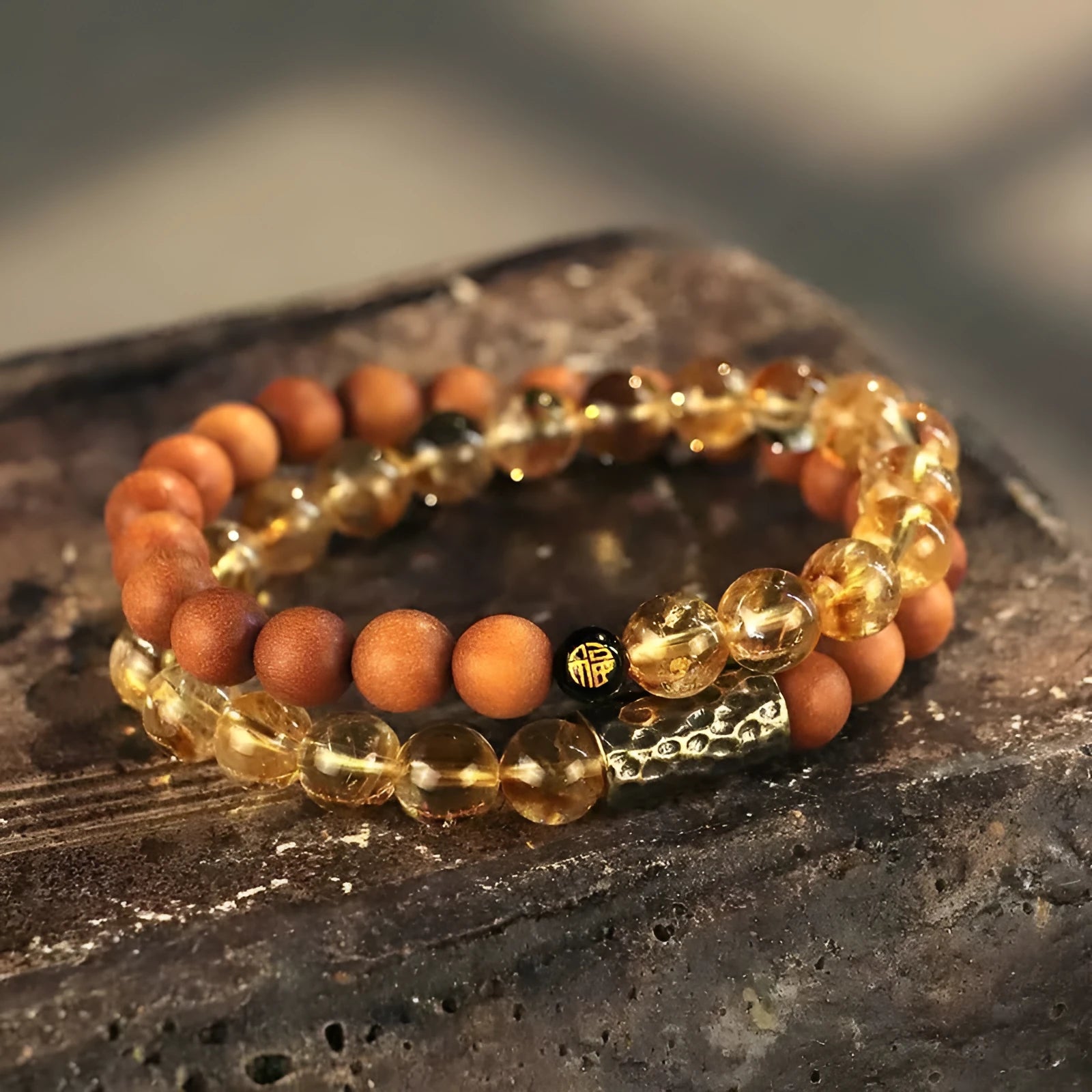 Bodhi Yellow Tower crystal double ring bracelet with retro styling and manual craftsmanship