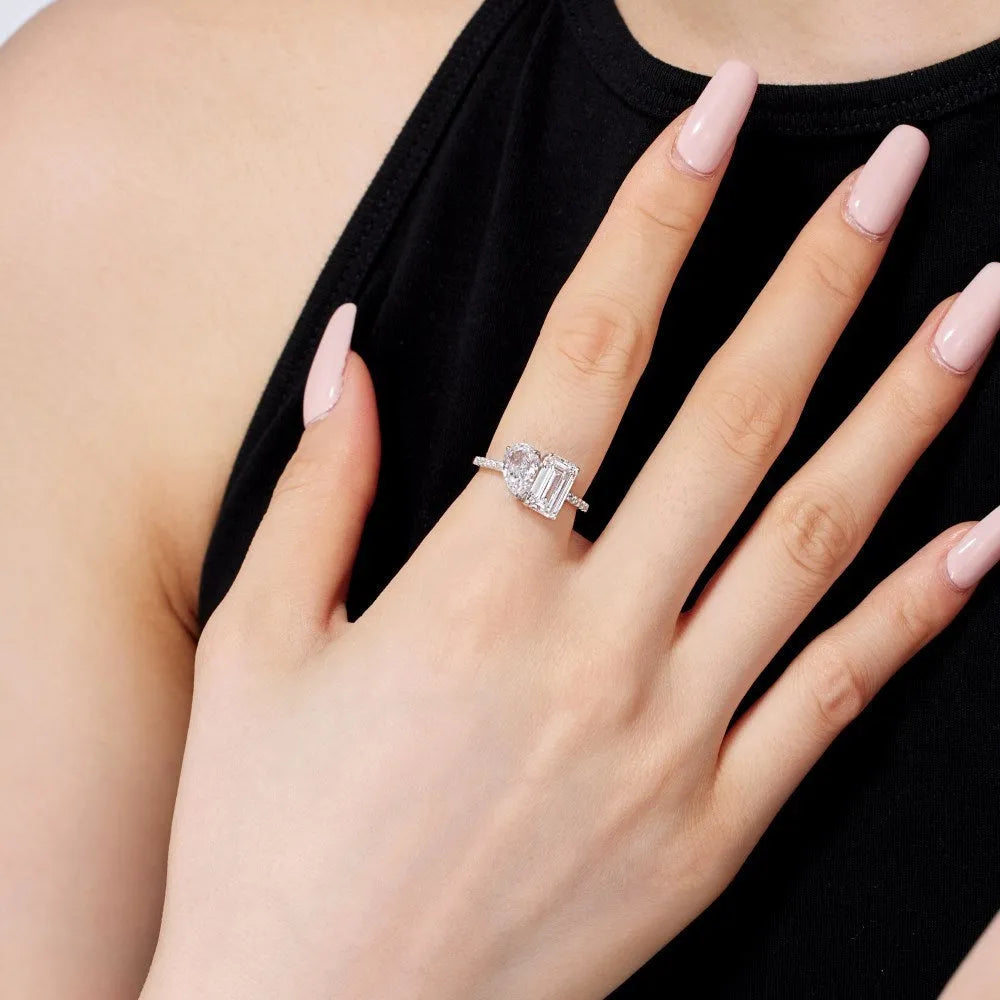 925 sterling silver double main stone geometric ring for women silver finish