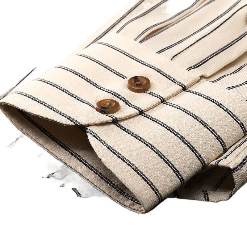 Men's non-ironing striped long-sleeved shirt with wool lining in coffee colour on hanger