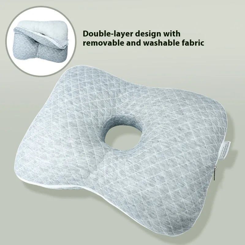 Beauty salon single hole ear pillow for adults in grey plaid pattern, showing dimensions.