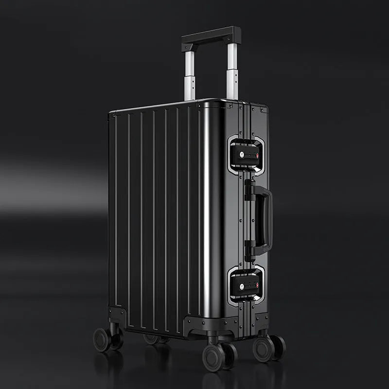 Aluminium-magnesium alloy luggage suitcase with striped pattern and silent spinner wheels