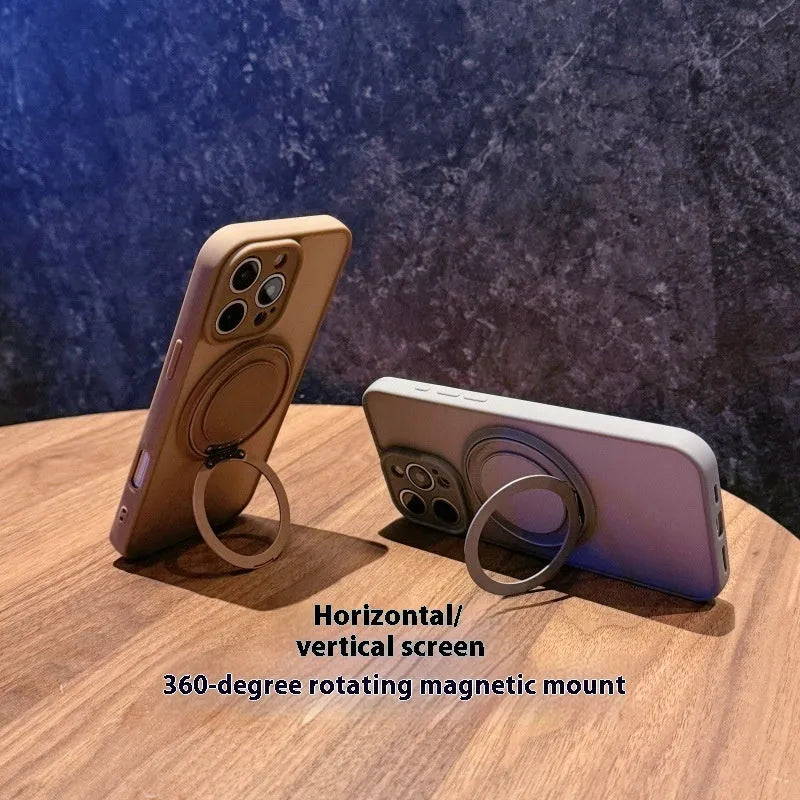 Transparent frosted magnetic phone case with a built-in folding stand for iPhone.