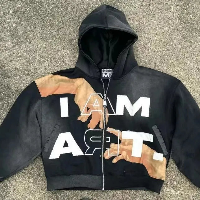 Men's cotton blend pullover hooded top in black with hood and long sleeves, loose fit casual style