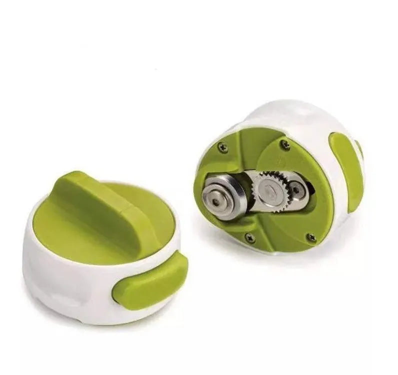A green stainless steel manual bottle opener and lid removal tool on a kitchen counter.