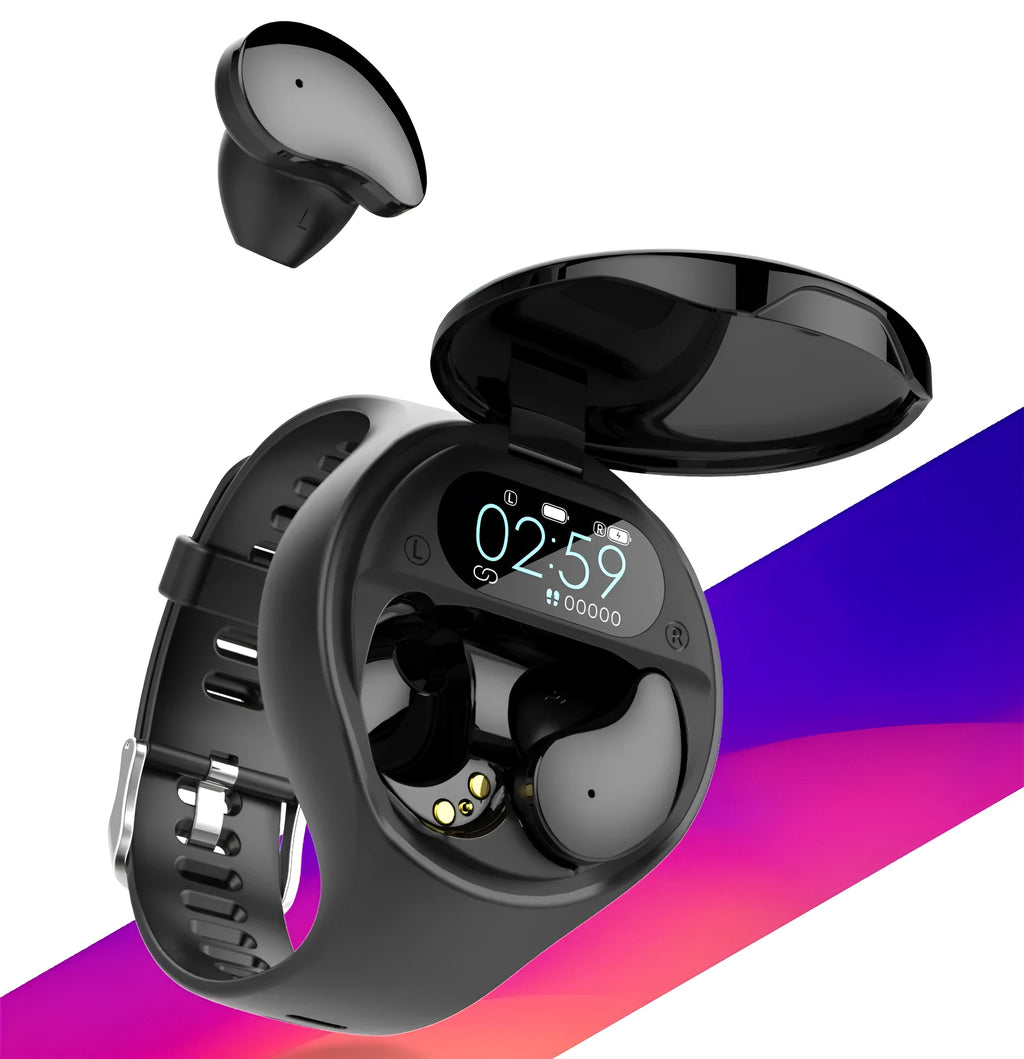 Black Bluetooth headset detached from a smart bracelet with a colour screen, showing a heart rate graph.